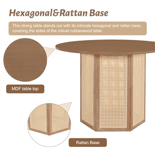 5-Piece Round Dining Table Set for 4, Rattan Kitchen Table Set with Hexagonal Base Dining Room Table Set with Upholstered Chairs for Living Room Reception Room Office, Black+Gray