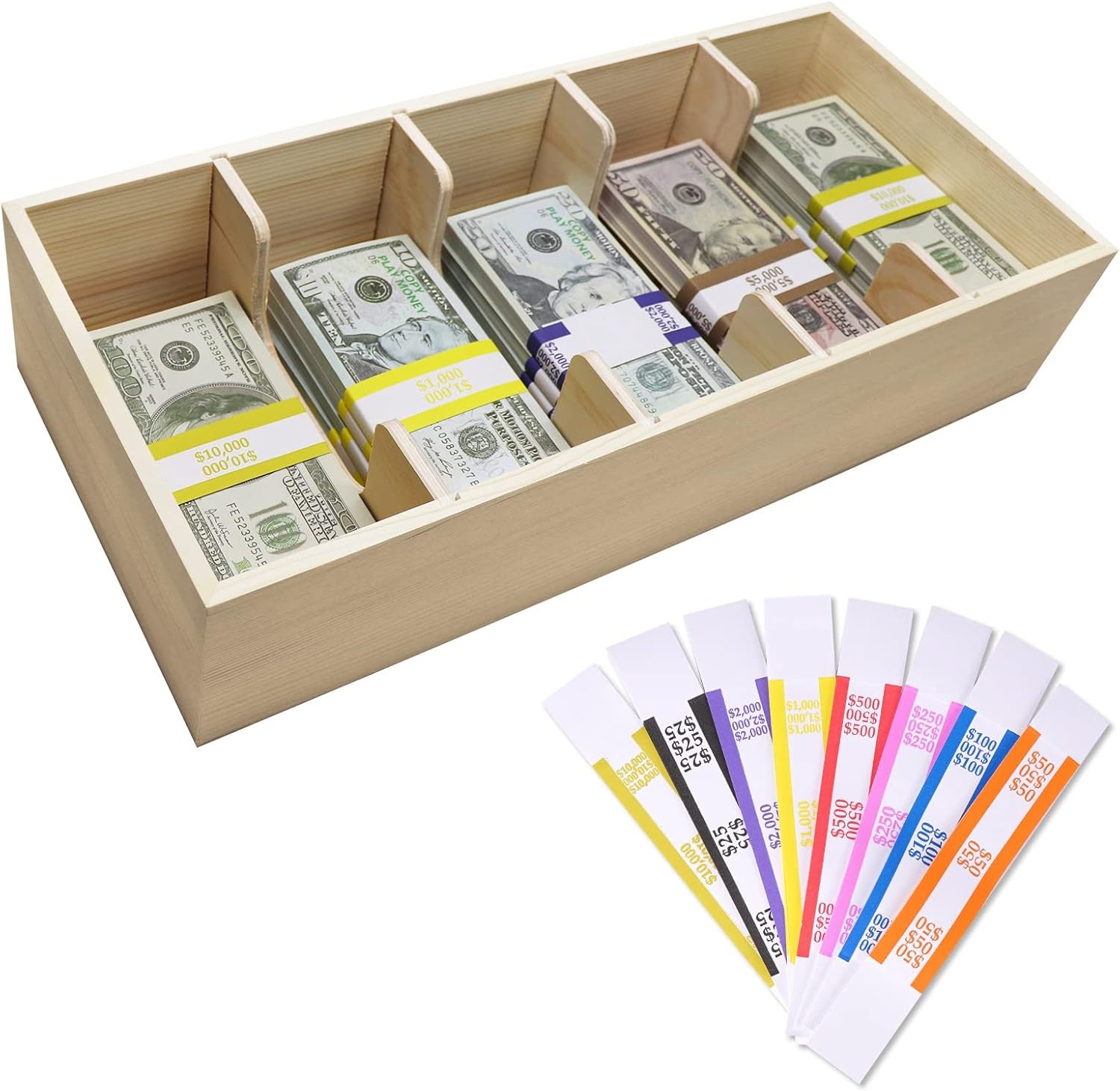 Wooden Currency Money Cash Tray With 300 Currency Wrappers, 5 Compartment Wooden Cash Money Currency Organizer Storage Change Box Case for Cash, Moneyboxes Currency Holder Cash for Money