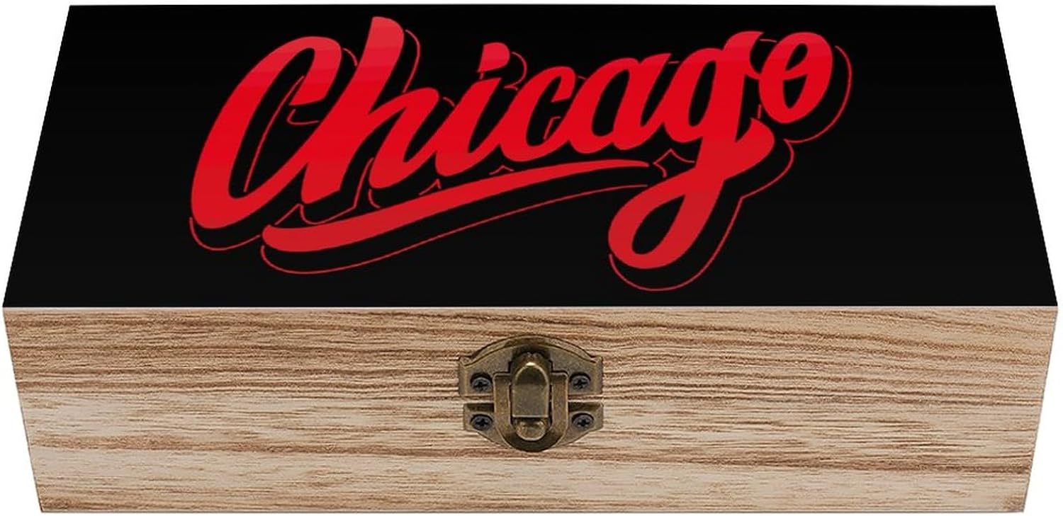 Chicago Wooden Storage Box Printed Craft Jewelry Organizer Boxes with Hinged Lid and Front Clasp 8 X 4 X 2.5 Inch