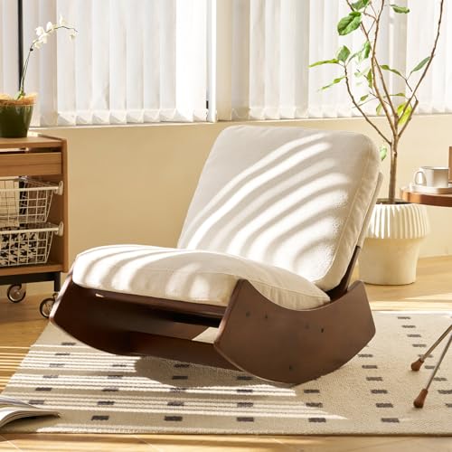 Sturdy Rocking Chair Nursery Upholstered Glider Rocker with High Backrest, Comfortable Recliner for Living Room Bedroom Office, Teddy White