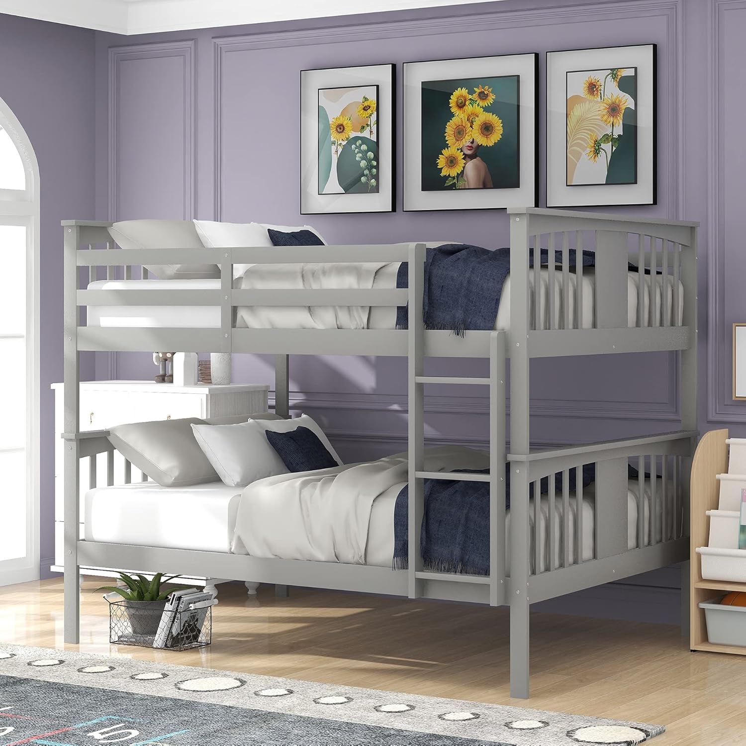 Full Over Full Bunk Bed with Guardrails and Ladder, Wooden Low Bunkbeds, for Kids Teens Adults Bedroom Guest Room, Gray