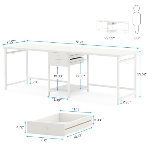 Tribesigns 78.74’’ Two Person Desk with 2 Drawers, Long Double Computer Desk Gaming Table with Shelves, Industrial Study Writing Table Workstation for Home Office, White