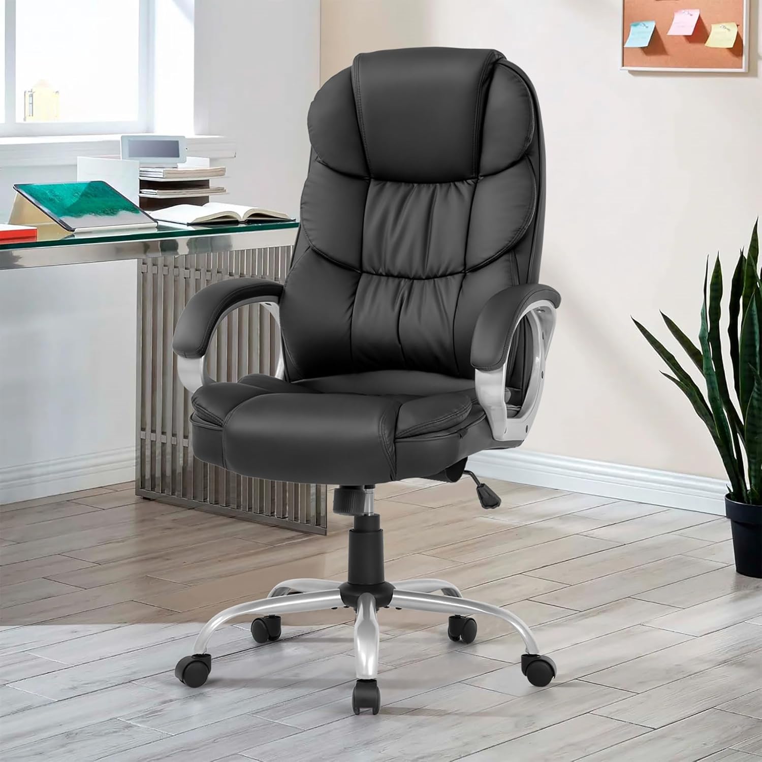 24/7 Shop at Home Ridge Modern Ergonomic Chair with Lumbar Support and High Back, PU Leather Office Furniture for Small Spaces, Bedroom, Study Room, Black
