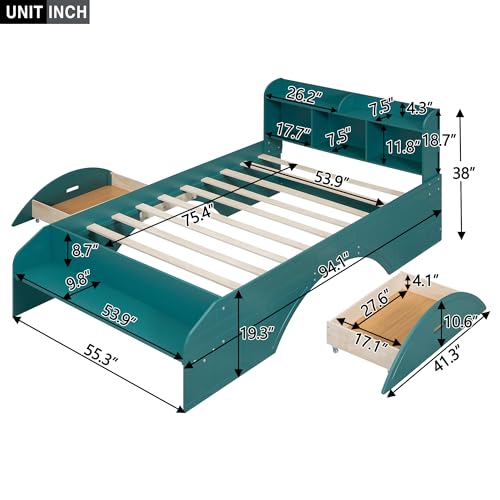 Harper & Bright Designs Wood Twin Bed with Bookcase Headboard, Twin Size Platform Bed Frame with 2 Drawers, Storage Headboard and Footboard, No Box Spring Needed, Green