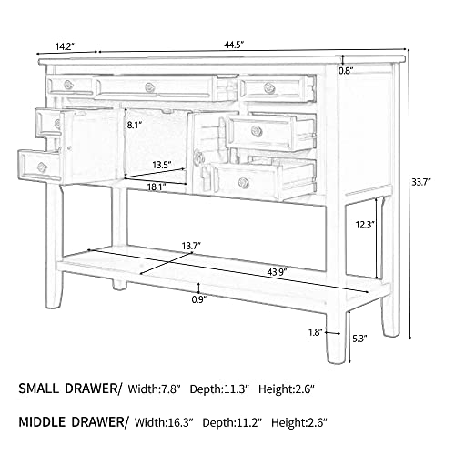 Knocbel Modern Console Table with Doors 7-Drawer and Bottom Open Shelf, Hallway Sofa Tables Storage Cabinet TV Stand for Entryway, Living Room, Dining Room, 44.5