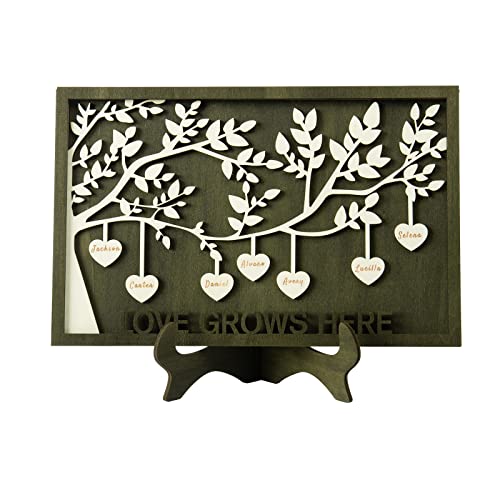 Jeweidea Personalized Family Name Sign with 6 Names, Custom Tree of Life Engraved Plaque Ornament with Stand Gift for Mom Grandmother