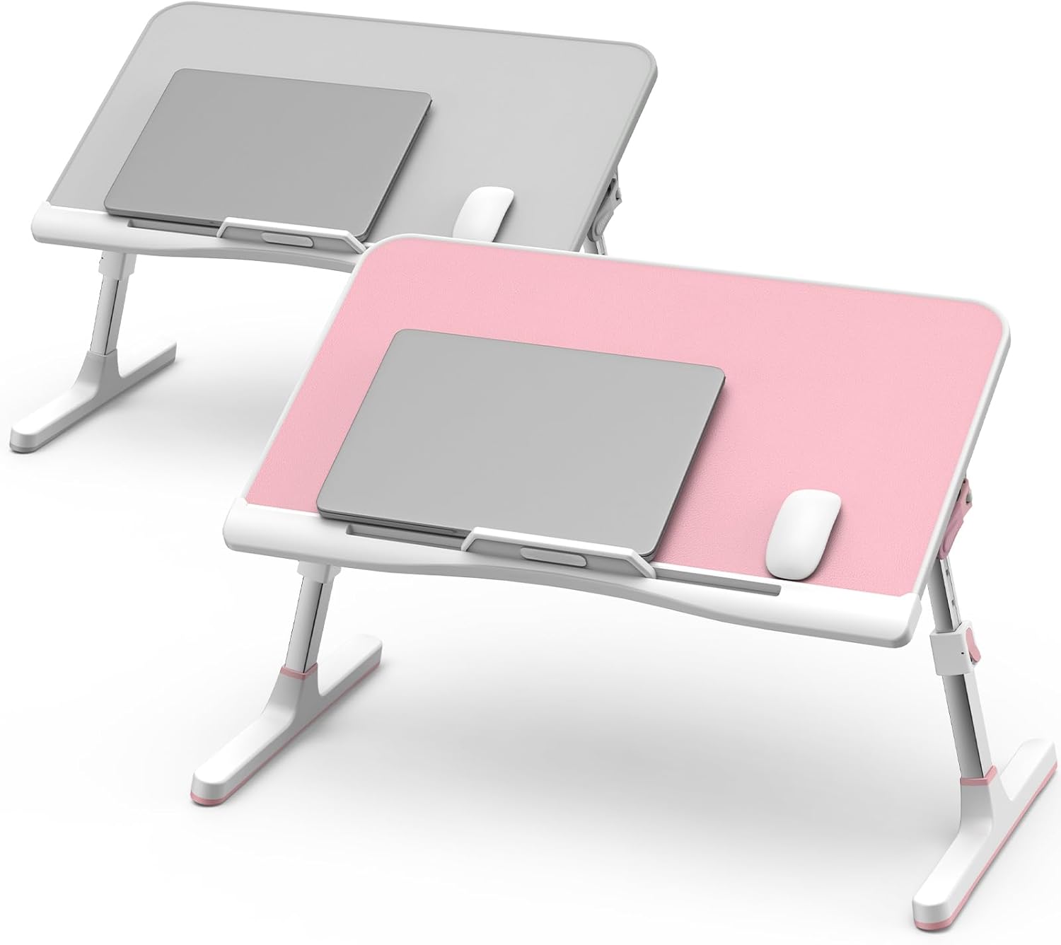 Laptop Bed Table, Potuopy Leather Lap Desk Tray with Removable Stopper, Portable & Adjustable Bed Desk Table for Working Writing Drawing Eating, Pink & Grey