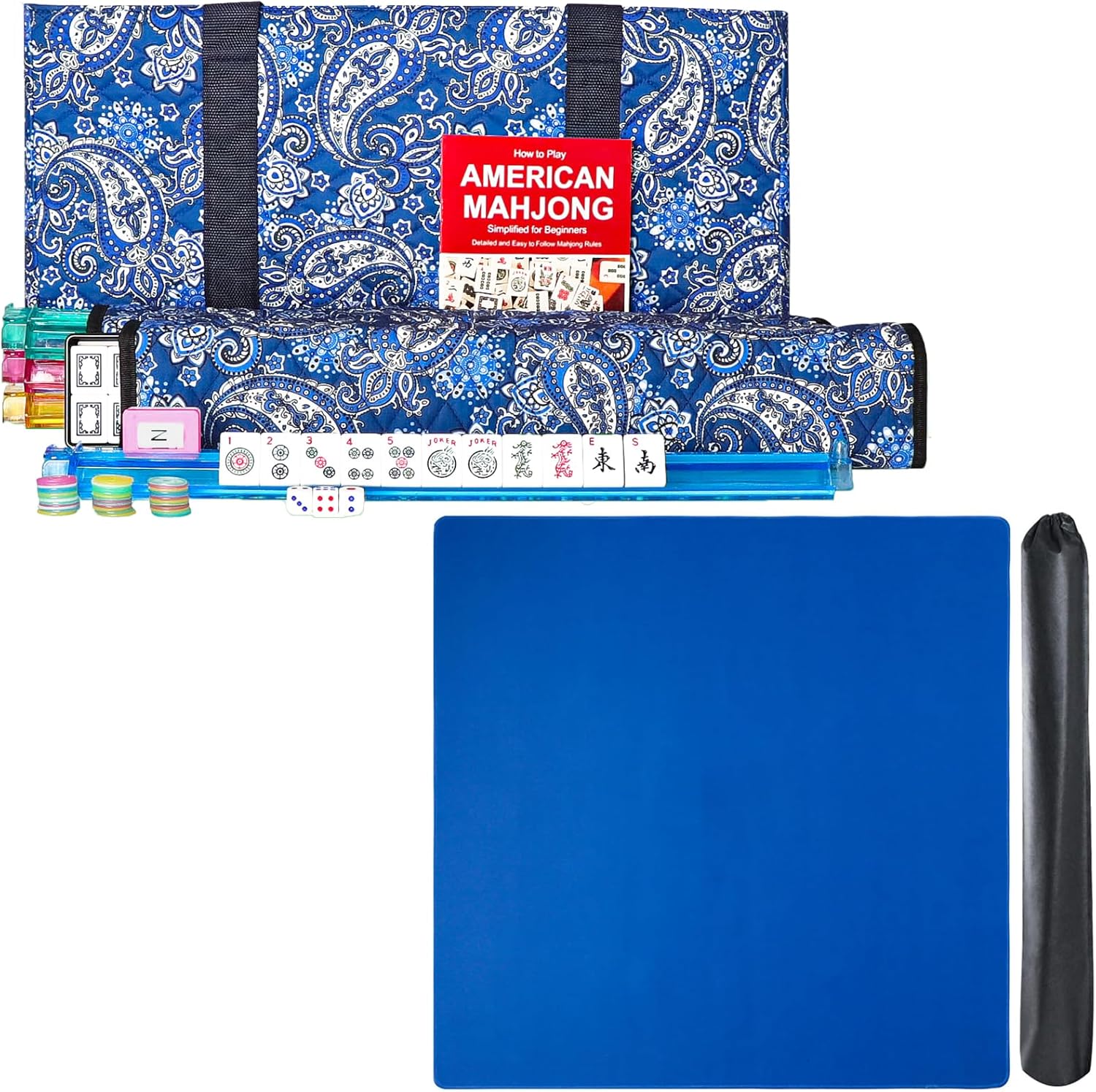 American Mahjong Game Set, 166 Premium White Tiles, 4 All-in-One Color Rack/Pushers, Complete Mahongg Tile Set，Large Mahjong Mat with Black Carrying Bag(Blue,31.5 inches)