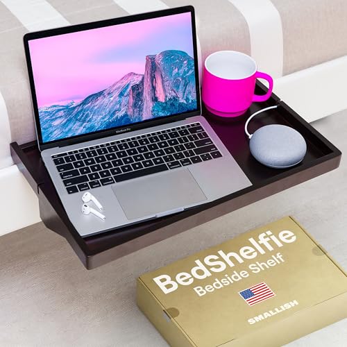 BedShelfie Bedside Shelf for Bunk Bed & Top Bunk, College Dorm Room & Loft Nightstand, Floating Bed Side Table Tray Storage - Minimalist Black Wood