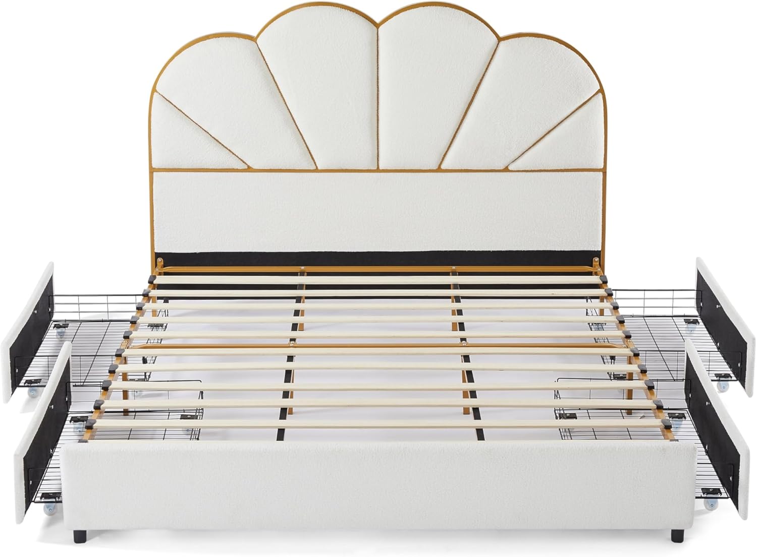 King Size Platform Bed Frame with 4 Drawers Upholstered Strong Wood Slats Support White Custom