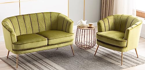 Artechworks Modern Living Room Sofa Sets 2 Pieces, Velvet Loveseat Sofa and Velvet Barrel Accent Chair with Gold Legs for Bedroom，Small Space，Living Room，Apartment Studio，Office Grass Green