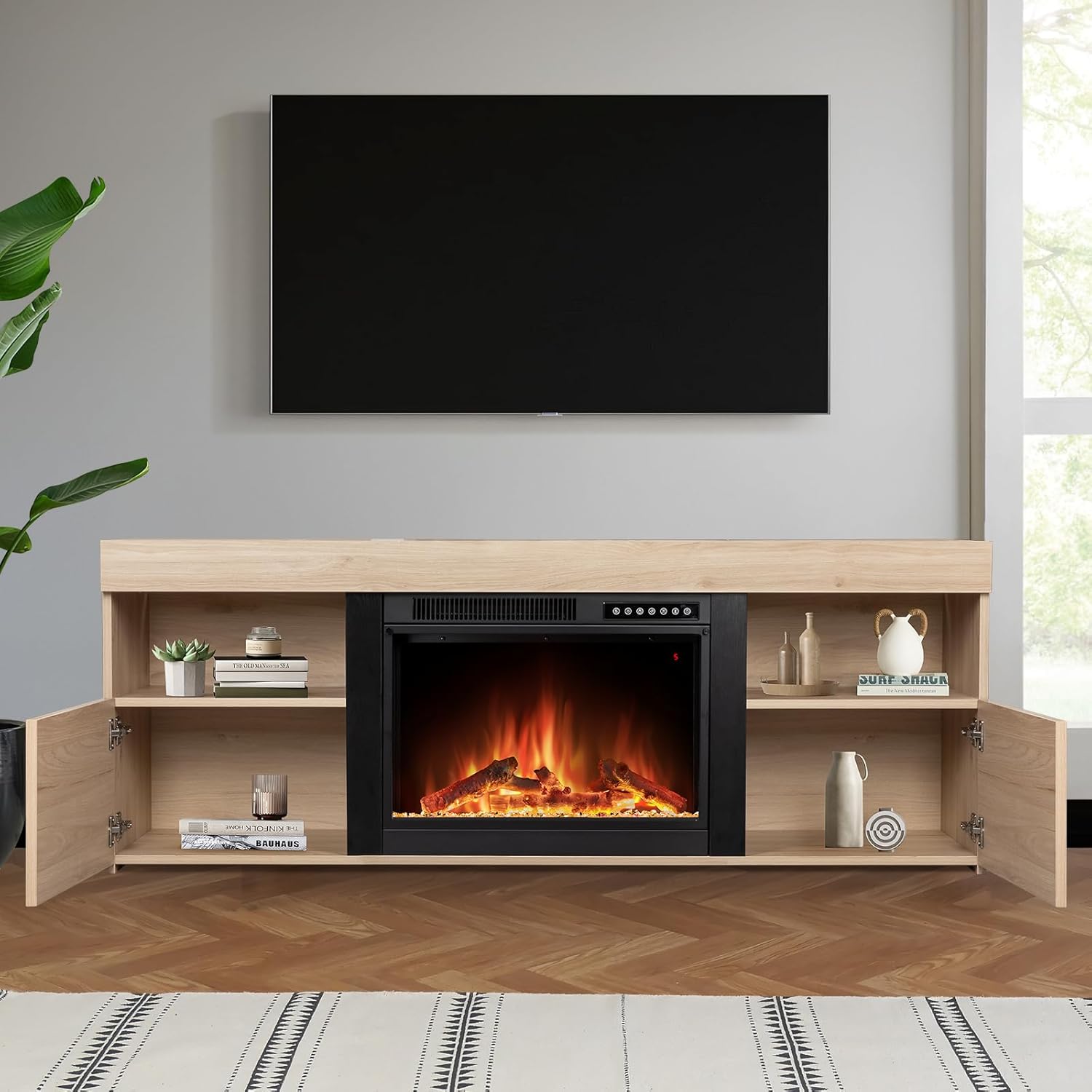 Xbeauty Fireplace Tv Stand for TVS up to 65 inchs,Modern Household TV Locker,Electric Fireplace TV Stand for Living Room,Pecan