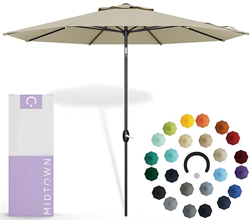 Midtown Umbrellas Sunbrella Umbrella 9 Feet Outdoor Umbrella With Cast Slate Acrylic Fabric - Auto-Tilt Aluminum Frame Patio Umbrella For Backyard, Deck, Garden, Pool - Black Pole