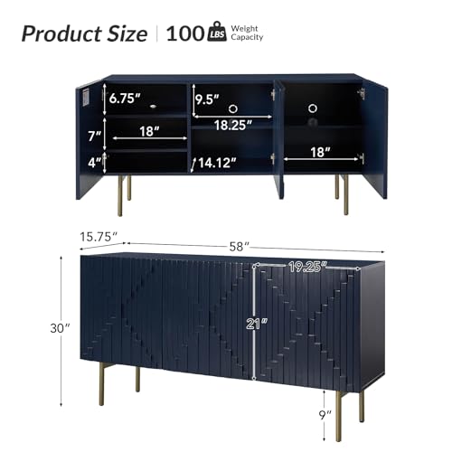 HULALA HOME Sideboard Buffet with Three-Dimensional Door Molding, 58“ TV Stand with Cable Management Design(Navy)