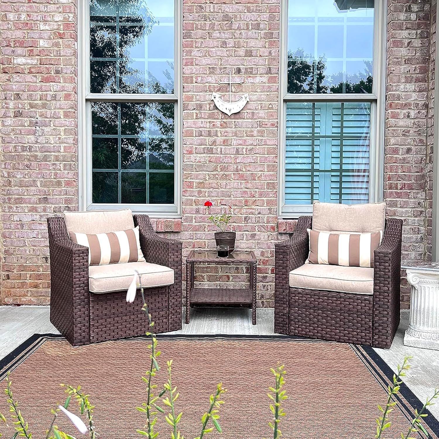 SOLAURA 3-Piece Patio Bistro Set Brown Rattan Outdoor Furniture, Patio Chairs with Glass-Top Coffee Side Table & Seat Cushions, for Garden, Front Porch, Balcony