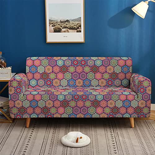 Mandala Flowers Couch Cover for 2 Cushions Couch,Bohemian Loveseat Slipcover,Floral Pattern Printed Sofa Cover,Living Room Stretch Sofa Slipcover for 2 Seater Furniture Covers
