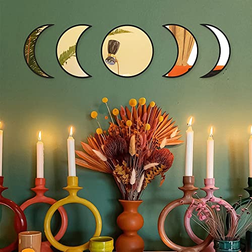5 Piece Moon Phase Mirror Set, Scandinavian Natural Decor Wall Decorative Mirror Home Decor Bohemian Moon Mirror for Living Room Bedroom, Acrylic Mirror, Not Real Mirror(Black)