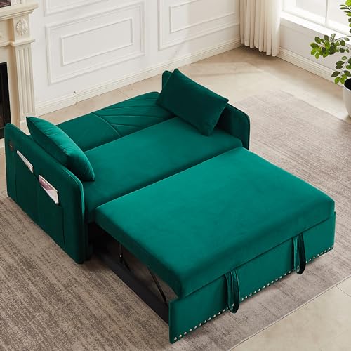 Velvet Lounge Sleeper Sofa Bed with USB Port, 3-in-1 Pull-out Bed Adjustable Backrest, 2 Lumbar Pillows and Side Pocket, Convertible Futon Sleeper Sofa Bed, Living Room Loveseat Modern Furniture Green