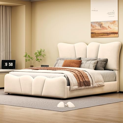 Twin Size Platform Bed, Upholstered Bed Frame with Unique Design Headboard or Bedroom, Velvet Fabric, Wood Slat Support, No Box Spring Needed, Easy Assembly (Beige)