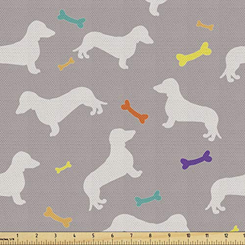 Lunarable Dachshund Fabric by The Yard, Colorful Cartoon Bones and House Pet Silhouettes Domestic Dogs Greyscale Backdrop, Decorative Fabric for Upholstery and Home Accents, 3 Yards, Multicolor