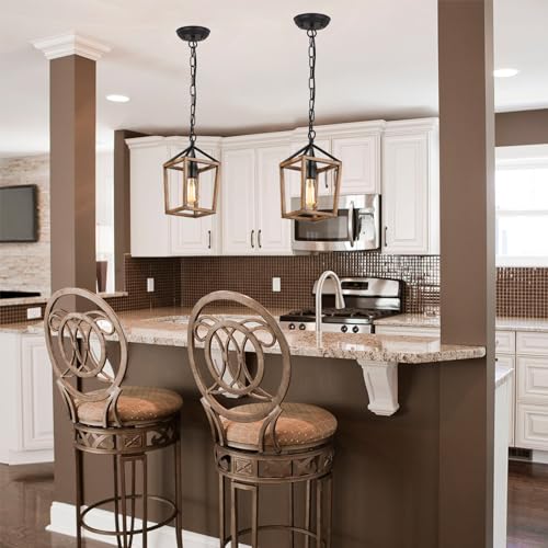 SEEBLEN Farmhouse Pendant Light for Kitchen Island, Industrial Metal Hanging Light with Wood Grain Finish,Height Adjustable, Farmhouse Light Fixture for Kitchen Dining Table Entryway Hallway.