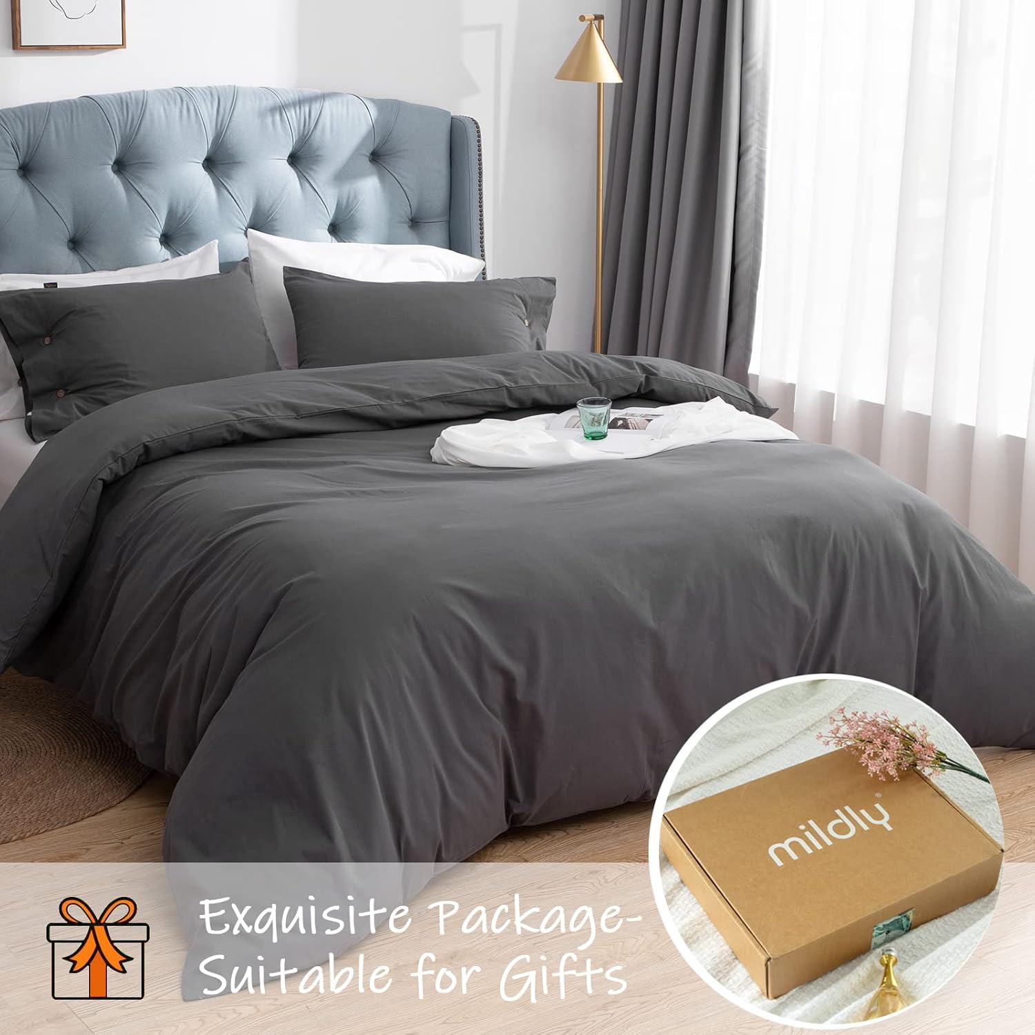 MILDLY Grey 100% Washed Cotton Duvet Cover Queen, Breathable Durable Solid Color Pattern Queen Duvet Cover Cotton with Zipper Closure, Ultra Soft Comforter Cover Set 3 Pieces-Queen