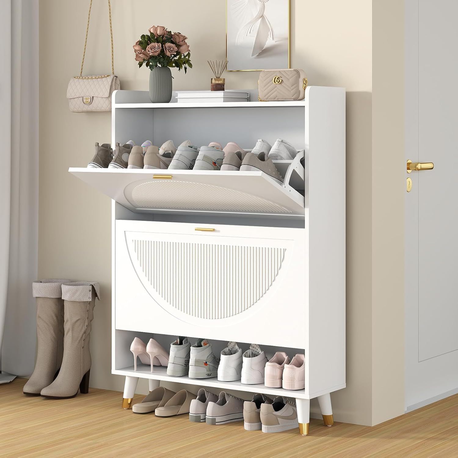 White Shoe Storage Cabinet for Entryway Slim, Hidden Shoe Organizer Cabinet with Drawer, Wooden Shoe Rack Cabinet Ultra