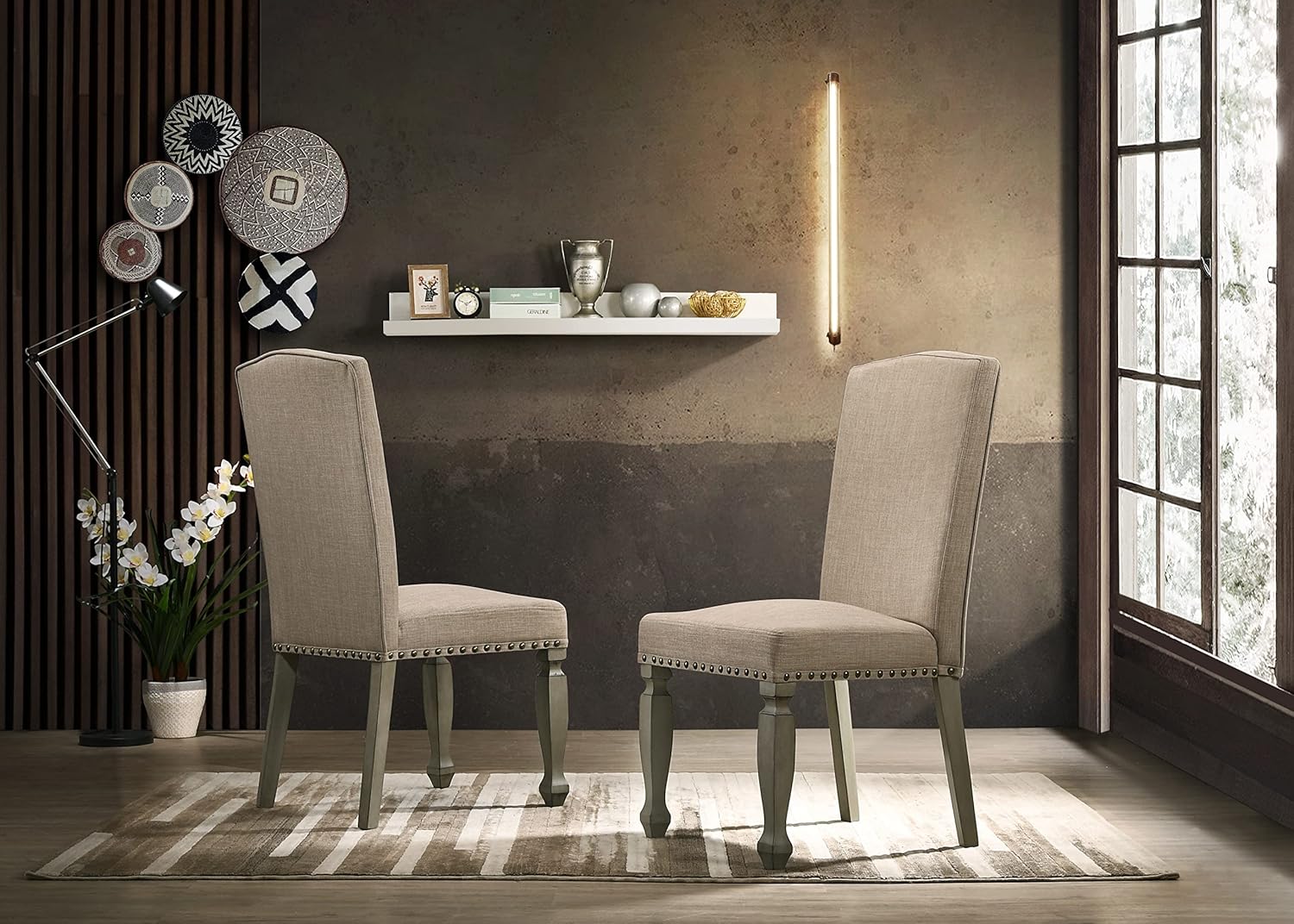 Roundhill Furniture Breda Upholstered Nailhead Dining Chairs, Set of 2, Antique Gray