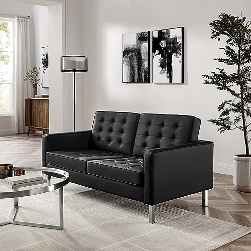 Modway Loft Tufted Button Faux Leather Upholstered Loveseat in Silver Black
