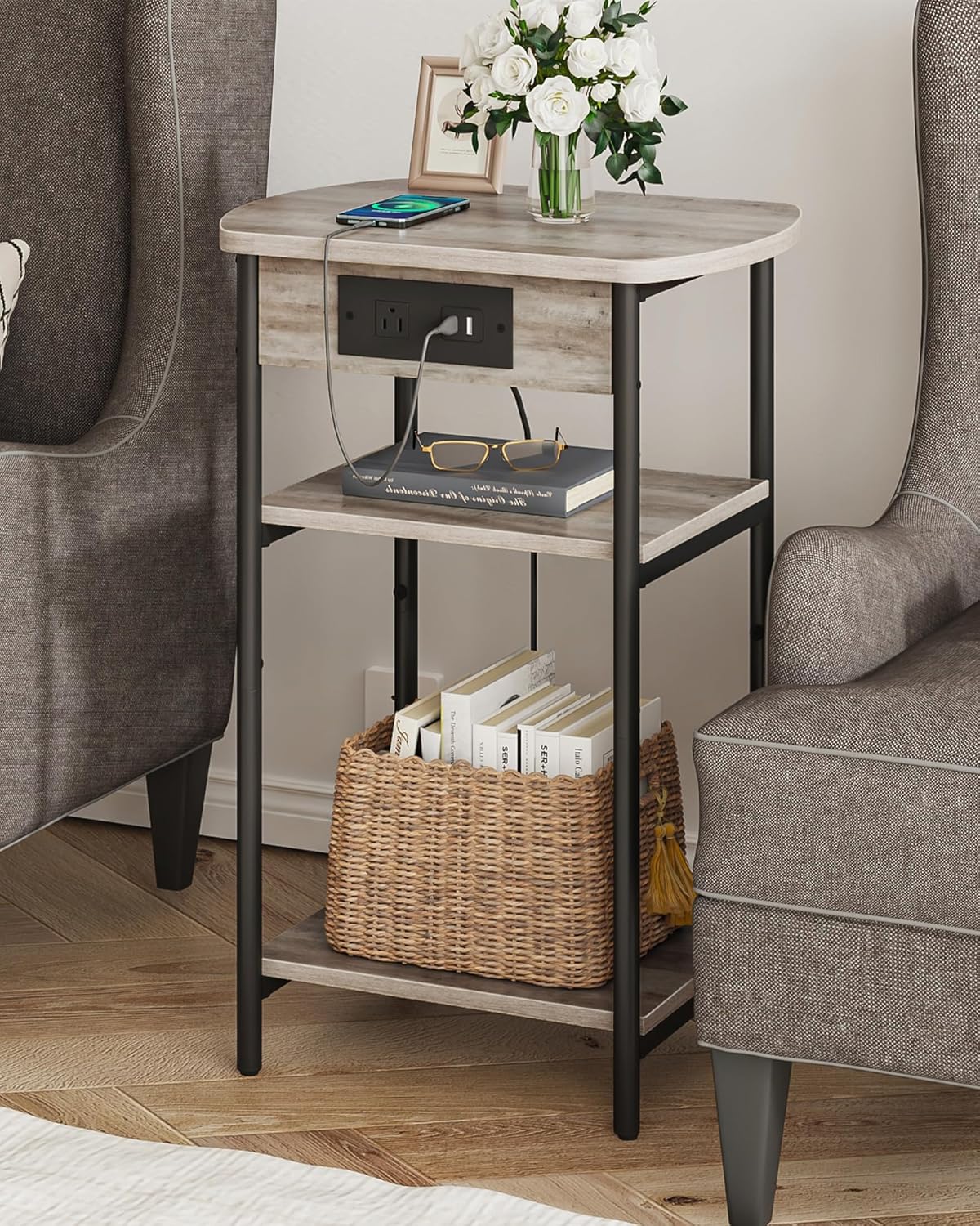 End Tables with Charging Station ET15205B, Printer Stand with Charging Station