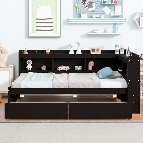 Twin Size Daybed Wooden Day Bed Frame with 2 Drawers and L-Shaped Bookcases, Twin Bed Frame for Kids, Boys, Girls & Teens, No Box Spring Needed, Grey