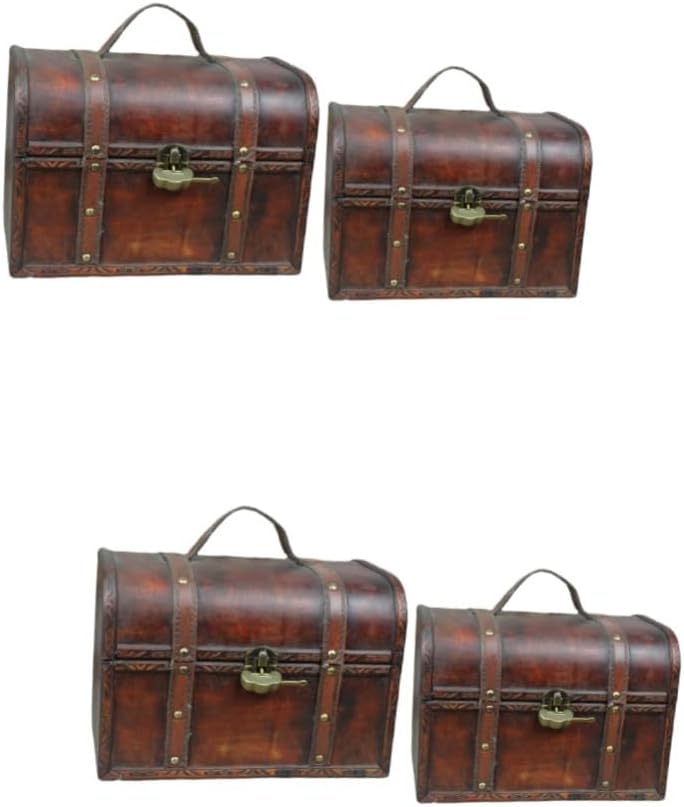 Garneck 4 Pcs vintage treasure chest jewelry organizer for necklaces trunk wood Wooden Treasure Chest with Lock Vintage Wood Chest tablescape decor Photo Prop piggy bank iron baby desktop