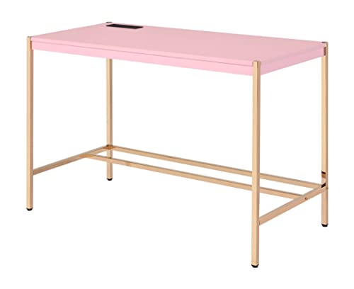 Acme Midriaks Wooden Top Writing Desk with USB Port in Pink and Gold