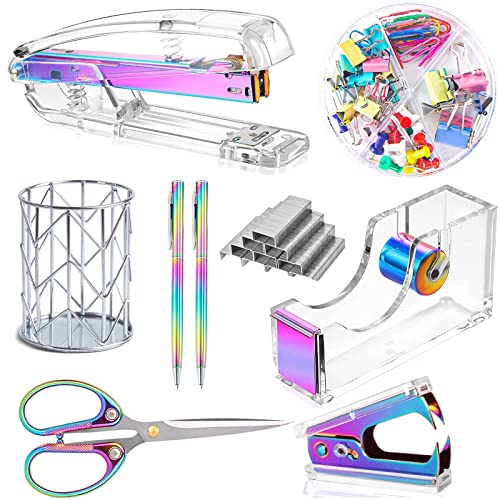 Office Desk Accessories，Office Supplies Set Acrylic Stapler Set Staple Remover, Tape Holder, Pen Holder, 2 Ballpoint Pen, Scissor, Binder Clips, Paper Clips and 1000pcs Staples(Silver)