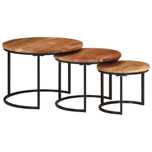 Nesting Tables 3 pcs Solid Wood Acacia,Nesting Coffee Table Set of 3, Acacia Wood Round Tables with Black Frame, for Living Room, Bedroom, or Office Accent Coffee Tables for Home & Kitchen