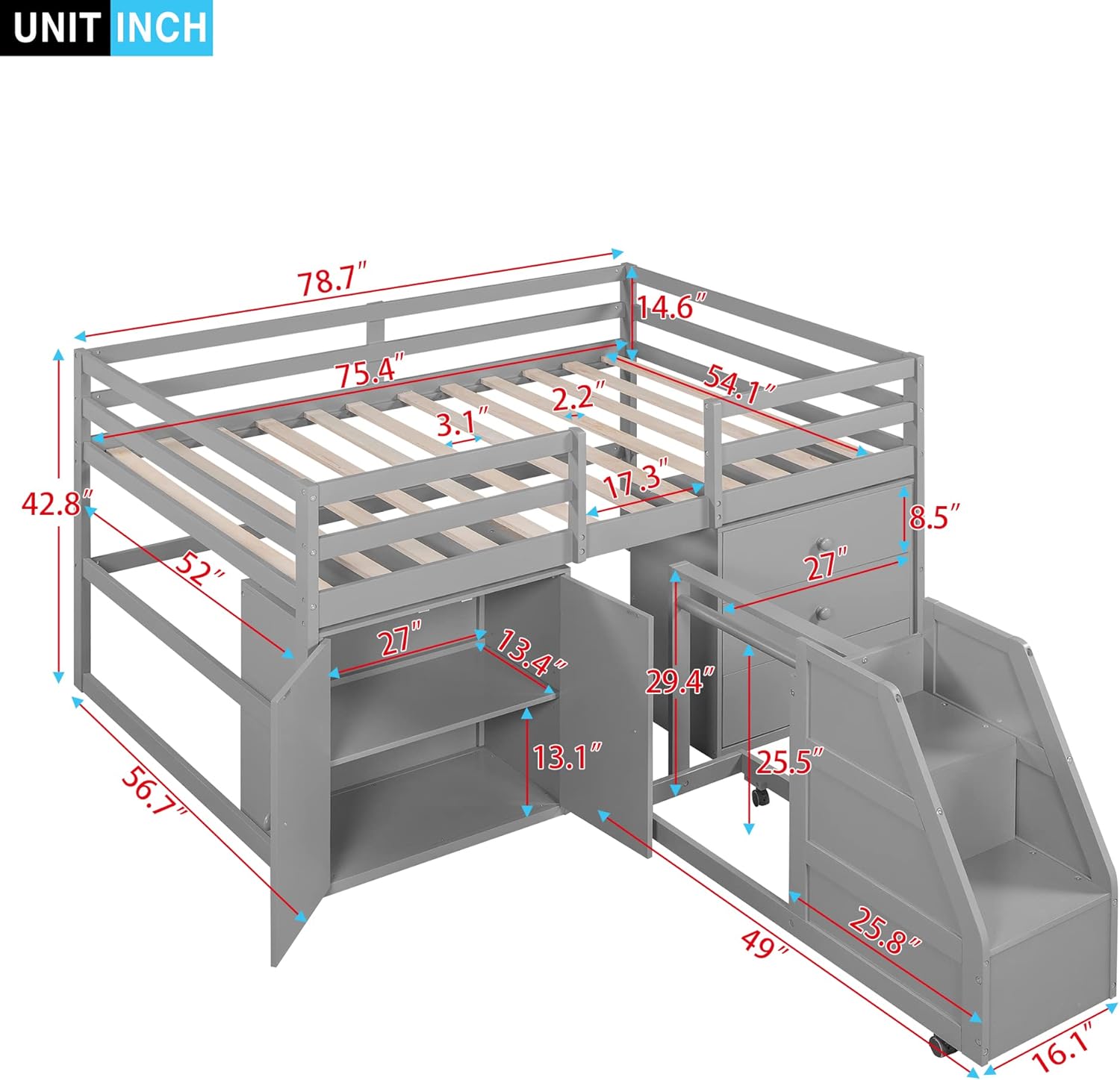 RUNNA Modern Functional Loft Bed with Cabinets and 3 Storage Drawers,Hanging Clothes at The Back of The Staircase,for Kids Teens Boys Girls Bedroom (Gray#J)