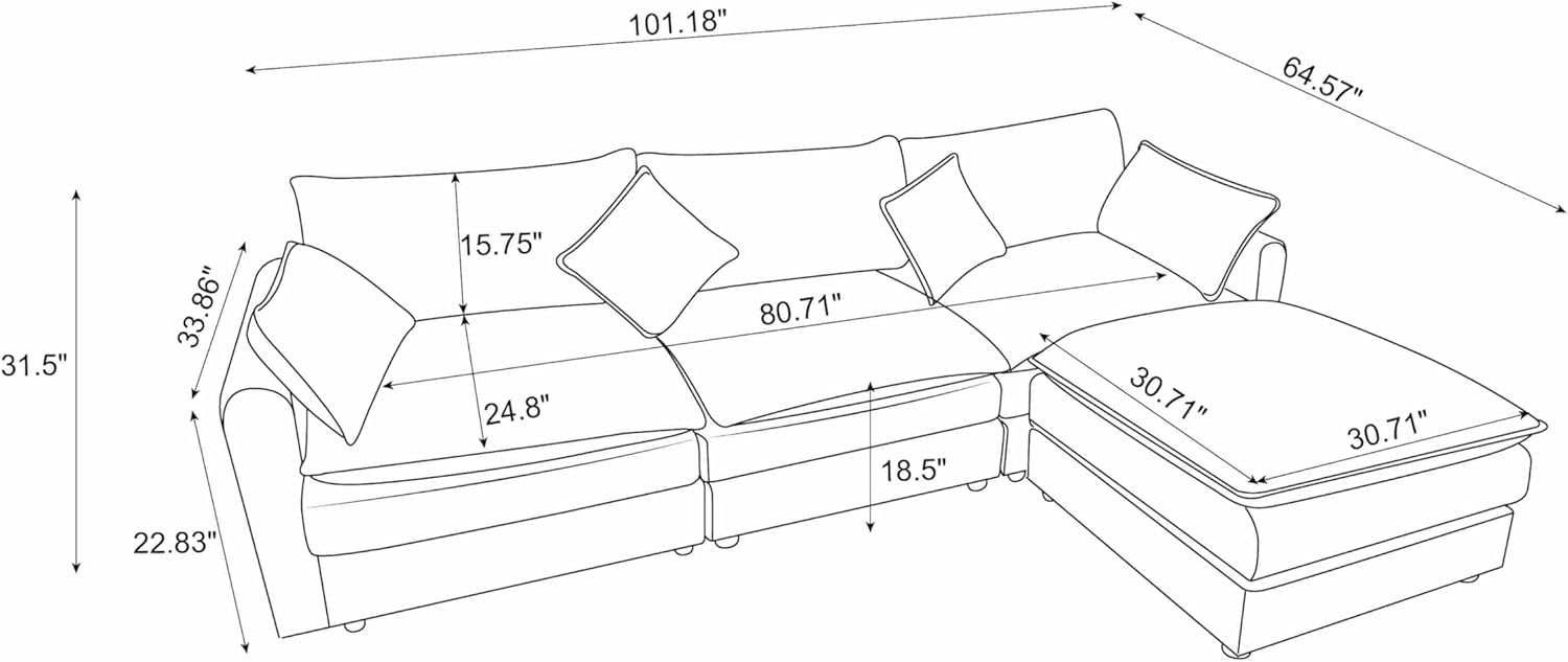 Modern Modular Sectional Sofa with Ottoman - 3-Seater L-Shaped Couch for Living Room, Durable Comfortable Furniture Versatile Design for Flexible Arrangements Stylish and Cozy Seating Solution