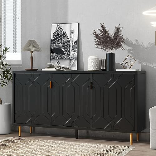 Merax Black Modern Buffet Sideboard with Adjustable Shelves and 3 Doors Wood Coffee Bar Cabinet TV Stand for Living Room Bedroom Kitchen, 1 Set