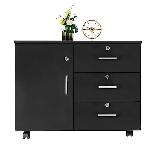 DYRABREST Filing Cabinets for Home Office,3-Drawer Mobile Storage Cabinet File Cabinet, Mobile Lateral Filing Cabinet with Lock Door,Printer Stand with Locking Drawers for Home Office (Black)