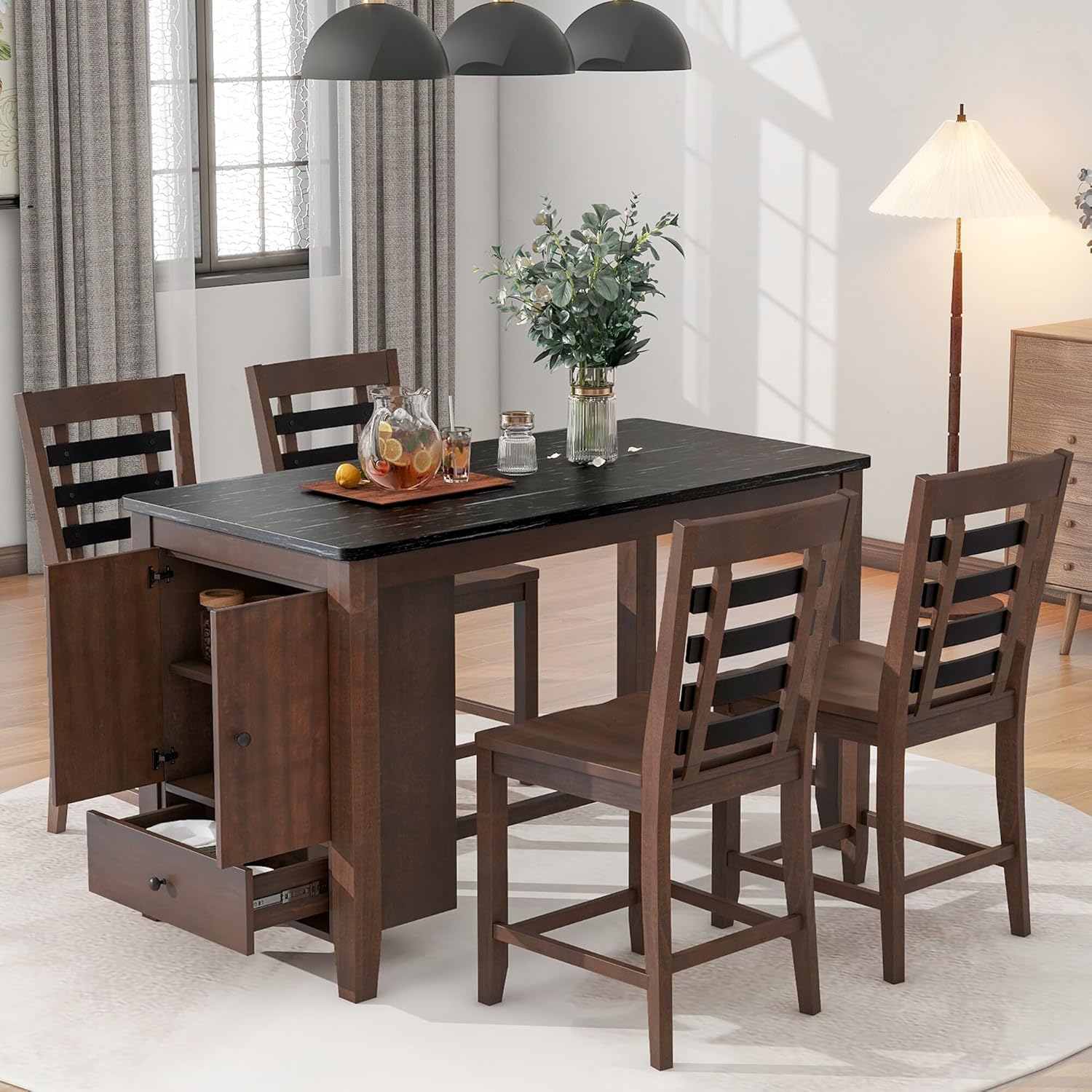 Counter Height Dining Table Set with Marble Tabletop Solid Wood Storage Cabinet and Drawer (Set of 5) Brown