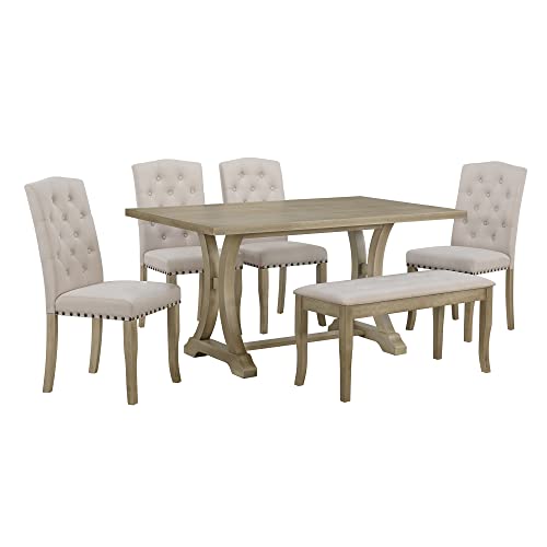 Retro Rustic Table, 6 Piece Farmhouse, Rectangular TrestleTable and Bench&4 Upholstered Chairs, Wooden Kitchen Furniture Set for Dining Room, Wood