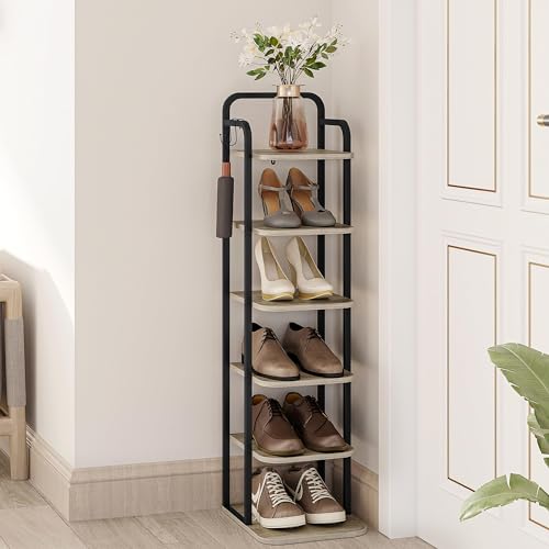 Vertical Shoe Rack, Shoe Shelves, Wood Shoe Organizer for Closet, Entryway, Shoe Tower for Small Spaces, Free Standing, Adjustable, with 2 Hooks, 8 Tier Black SR04304B