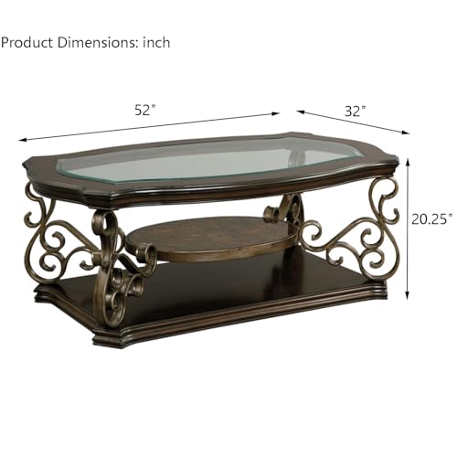 Goujxcy Traditional Coffee Table Elegant Center Table with Tempered Glass Top and Storage Shelves, 3-Tier Wood Accent Cocktail Table for Living Room Home Office, 52