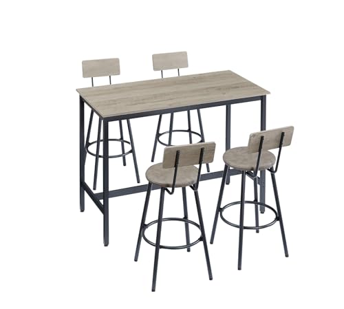 Pub High Dining Table 5 Piece Set, Industrial Style Pub Table, 4 PU Leather Bar Chairs for Kitchen Breakfast Table, Living Room, Bar, 47.2″L x 23.6