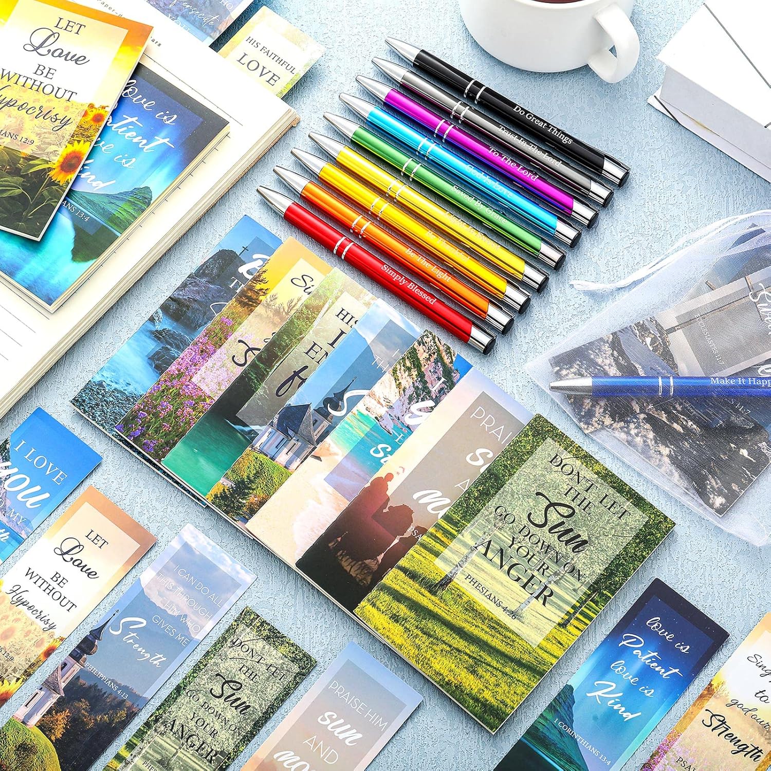 120 Pcs Bible Gifts Set Include 30 Bible Verses Bookmarks Christian Book Markers 30 Scripture Ballpoint Pens 30 Christian Notebooks 30 White Organza Bags for Women Men School Office Church (Modern)