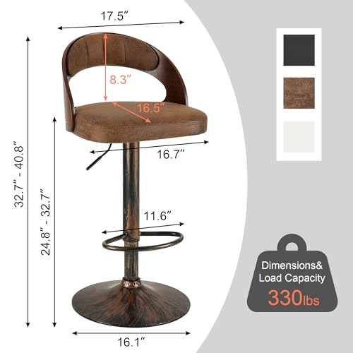 VECELO Bar Stool Set of 4, Kitchen Island Stools with Bentwood Back,Arm&Footrest, PU Leather Cushion Seat Adjustable Height 360° Swivel Barstools for Club Pub,Kitchen Dining Room,White