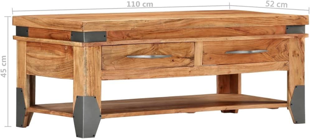 vidaXL Solid Acacia Wood Coffee Table - Natural Finish, with Drawers and Shelf, Polished and Lacquered - Perfect for Living Room, Durable Construction