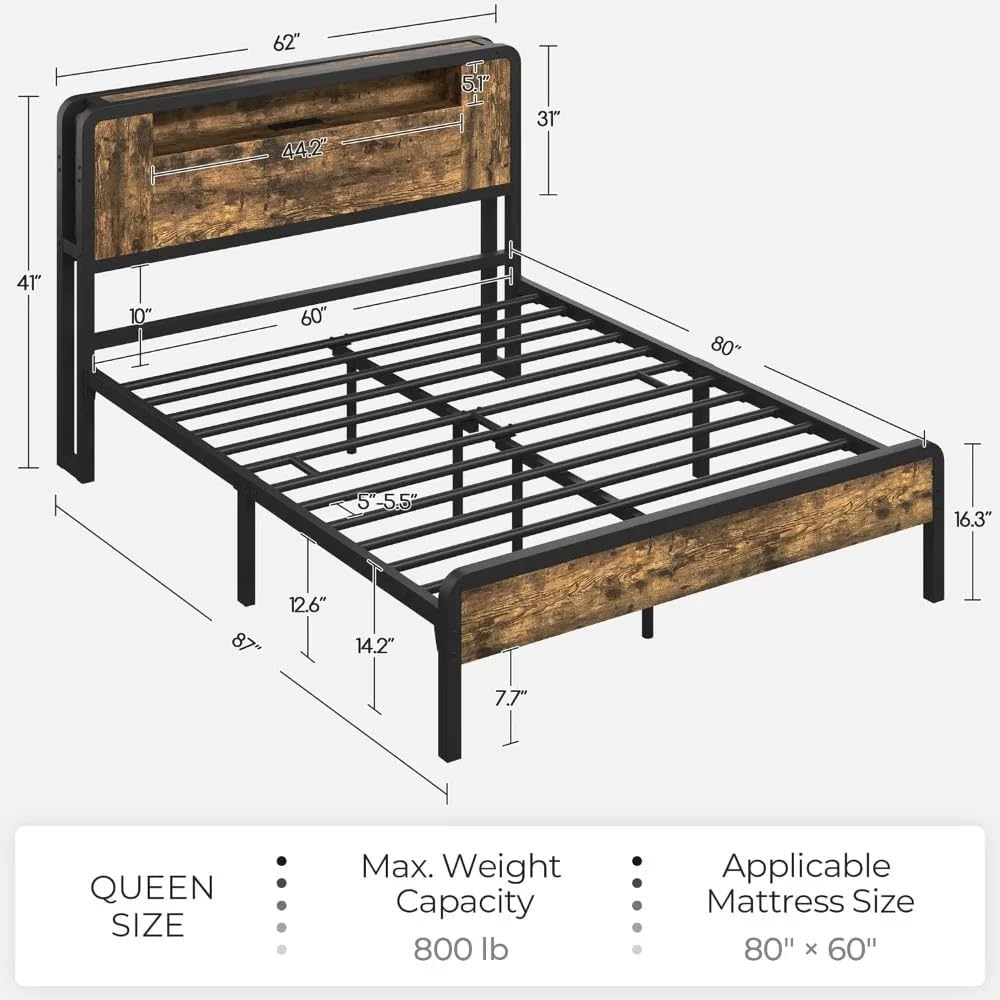 Mr Bedroom Standard Queen Size Bed Frame with LED Lights, Rustic Wooden Platform, Metal Headboard and Footboard, Black