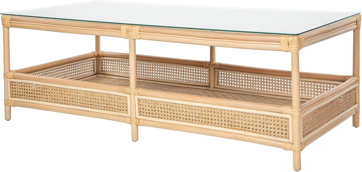 Kouboo Rattan Cane Rectangular 2-Tier Open Shelf Coffee Table with Glass Top, Living Room Table, 52 in. x 23.5 in., Boho Chic Tropical