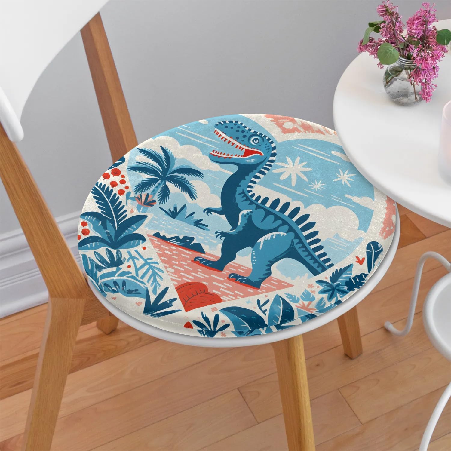 Round Chair Cushions for Dining Chairs, Tropical Dinosaur Chair Pads for Kitchen Chairs, Non Skid Memory Foam Seat Cushions for Office Chair, Car Seat, Outdoor, Patio(14.5 Inches)